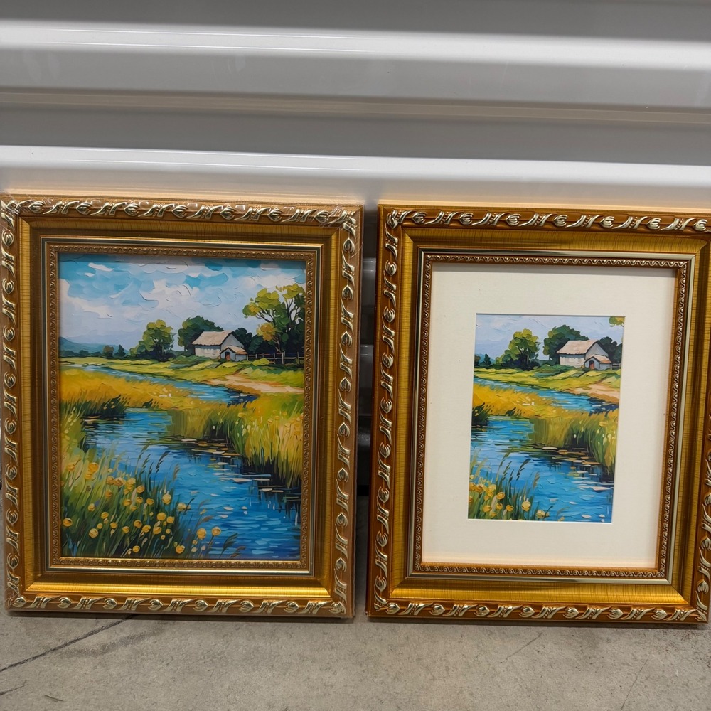 Set of 2 Framed Cottage River Landscape Art Prints, Gold Ornate Frames, 12x10 in